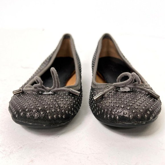 Coach Lara Studded Gray Leather Metallic Slip On Comfort Lace Ballet Flats 6 B - Picture 3 of 10